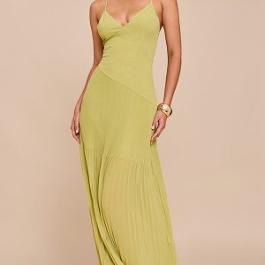 Olive woven pleated hem with thin shoulder strap dress