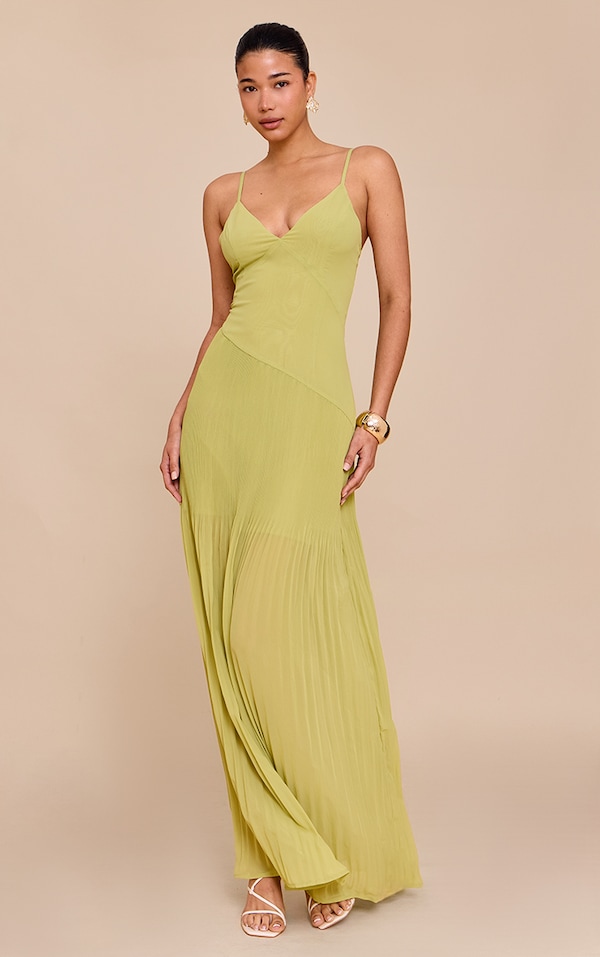 Olive woven pleated hem with thin shoulder strap dress