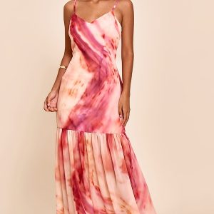 Pink printed lace up chiffon pleated hem long skirt