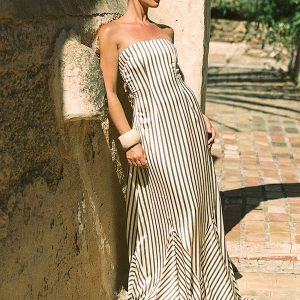 Make a bold impression with the olive satin bandeau stripe maxi dress