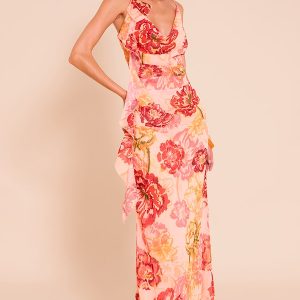 soft florals with the pink floral printed chiffon strappy frill detail maxi dress